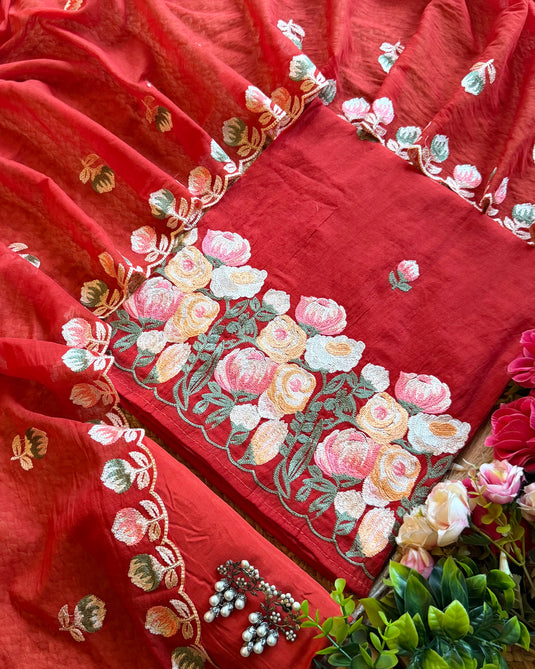 Aari work festive Mul Chanderi suit set
