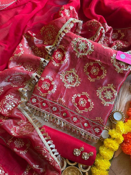 Brocade patch pure tissue suit set with georgette dupatta