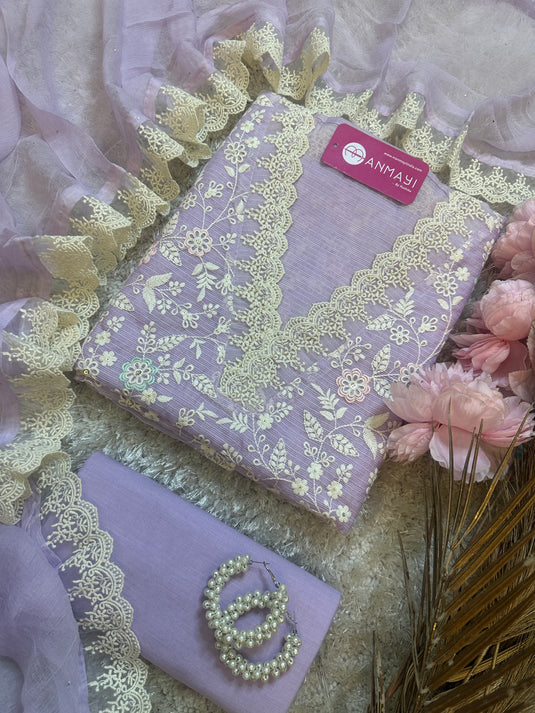 Kota Chikankari v neck suit with pure chiffon mukaish dupatta