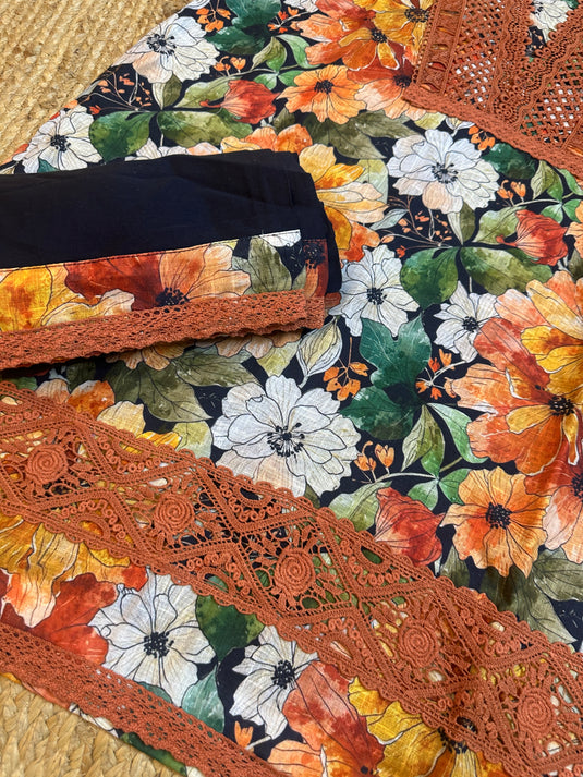 Floral crochet details printed cotton coord set