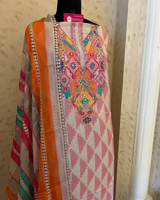 Boho neck Ikkat print pure linen muslin suit set