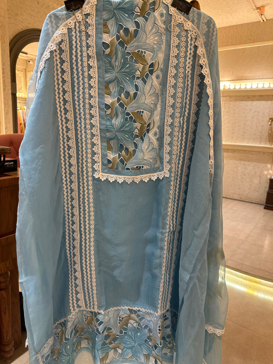 Coloured crochet patch work pure organza suits with handpaint dupatta