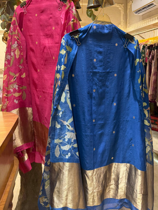 Floral dupatta Lagdi Patta border pure Mul Chanderi suit set