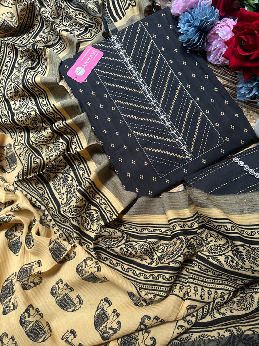 Handloom cotton weaving elephant dupatta suit sets