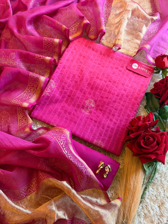 Ombré block print pure Mul Chanderi suit set