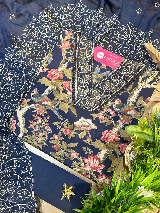 Organza patched printed cotton suit set with cotton silk embroidered dupatta