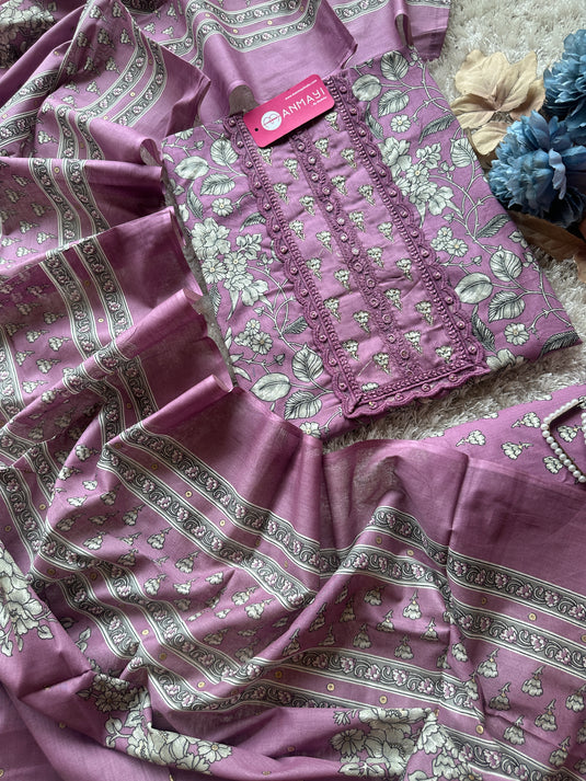 Patterned neck floral print cambric cotton suit