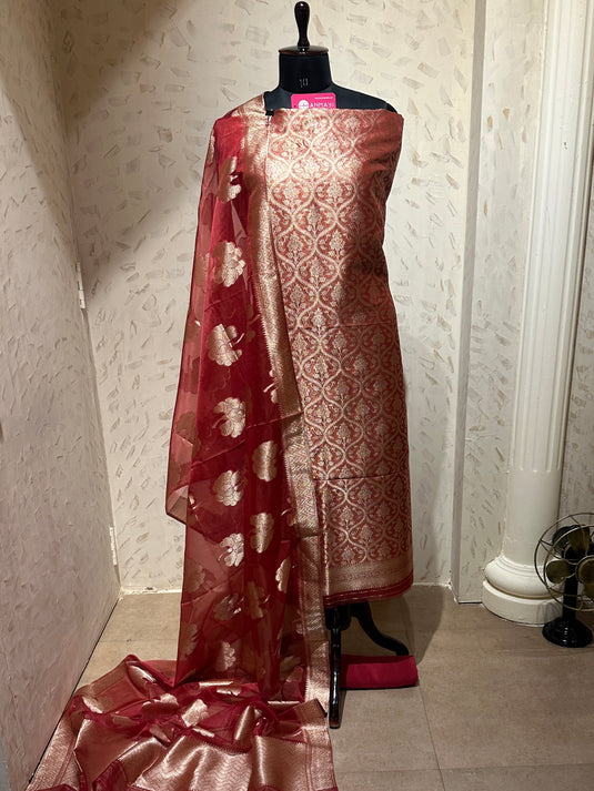 Pure brocade silk suit set with banarasi organza dupatta