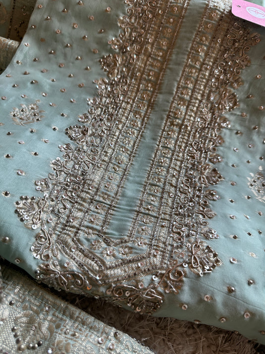 Hand embroidered pure organza banarasi suit set