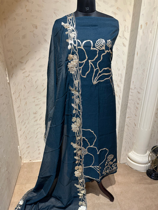 Leather work mul chanderi festive shade suit set