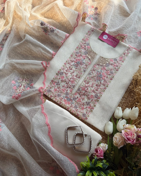 Kota Doria white feather work suit set