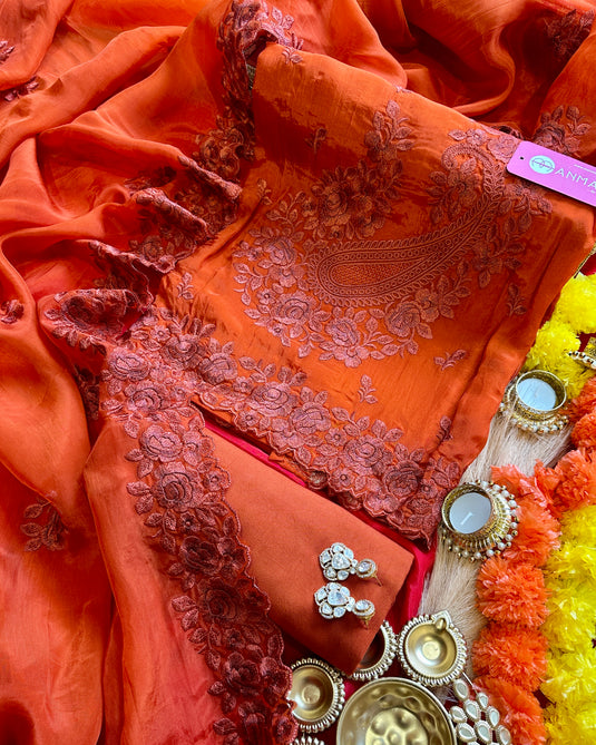 Organza Parsi work semi stitch suit set