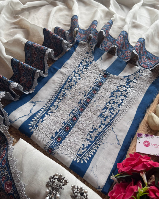 Stripes Parsi neck pure muslin suit set
