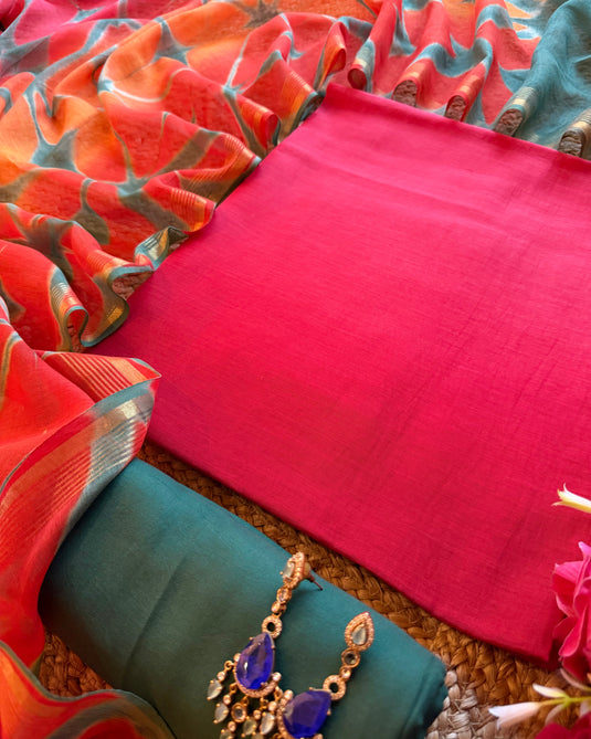 Ombré shaded pure mul chanderi suit with contrast bottom and Shibori dyed dupatta