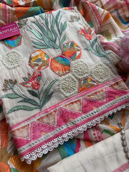 Appliqué work pure mul suits with colour digital print self dupatta