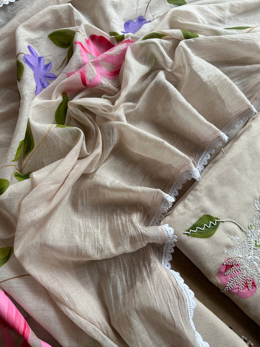 Handpaint beige base pearl work mul Chanderi suit set