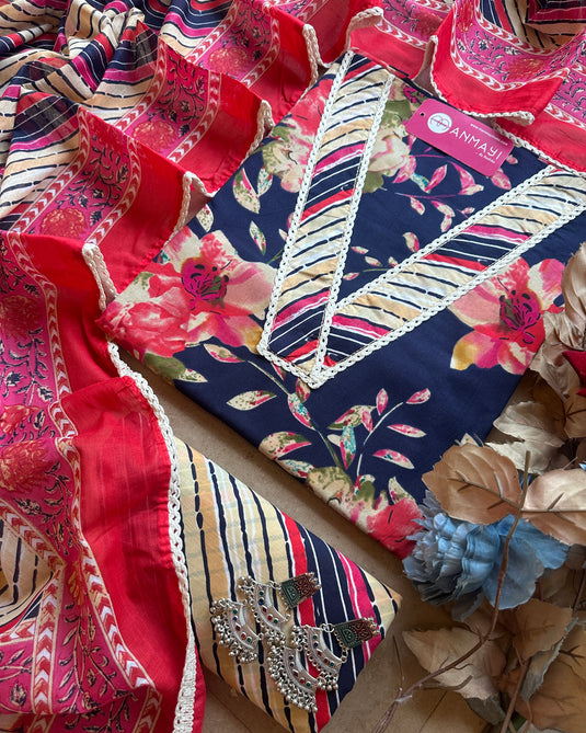 V neck printed floral suit set with print cotton salwar