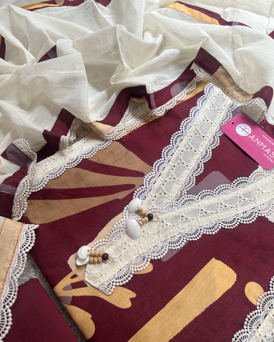 Abstract dark shades hakooba lace patterned pure cotton suit set