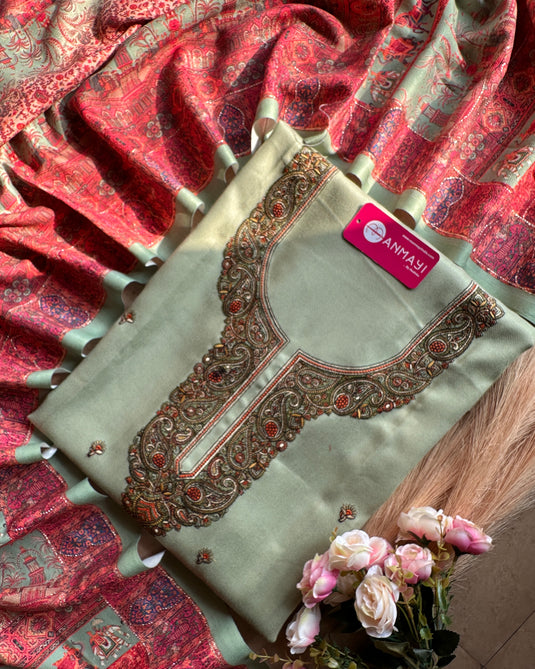 Aari work woollen suit set with highlighted
