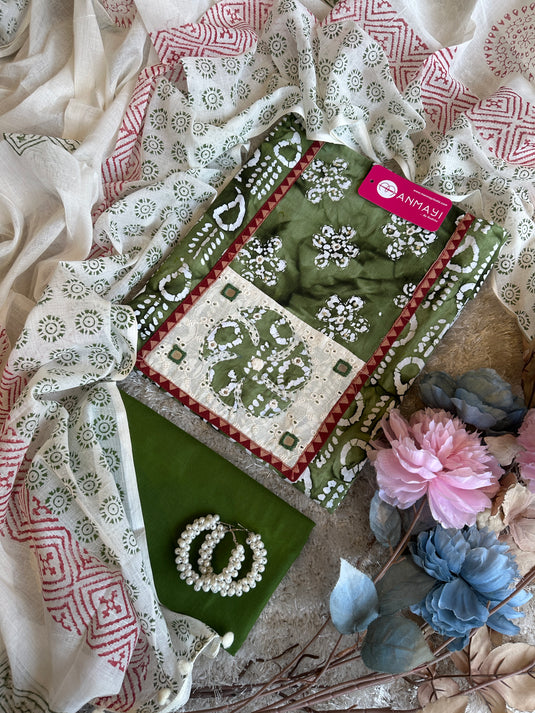 Cambric batik print suit with hakooba neck and block print dupatta