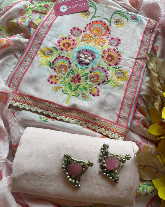 Persian print muslin baby pink semi stitched suit set