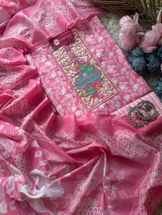 Cambric cotton bright embroidered neck suit set