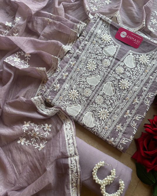 Chikankari pastel Mul Chanderi suit set