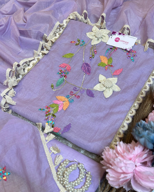 Wool mirror work Mul Chanderi sets with tassel dupatta