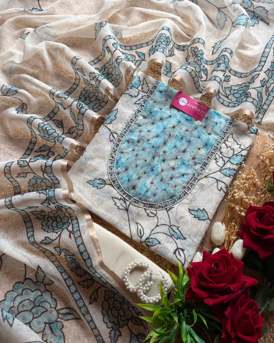 Kota Doria U knot neck with coloured leaves and Banarasi weaves