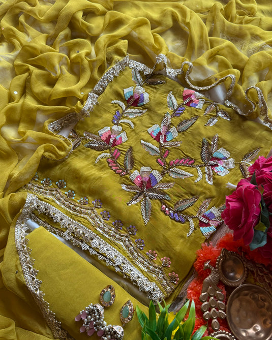 Coloured seaquins work embroidered glass organza suit set