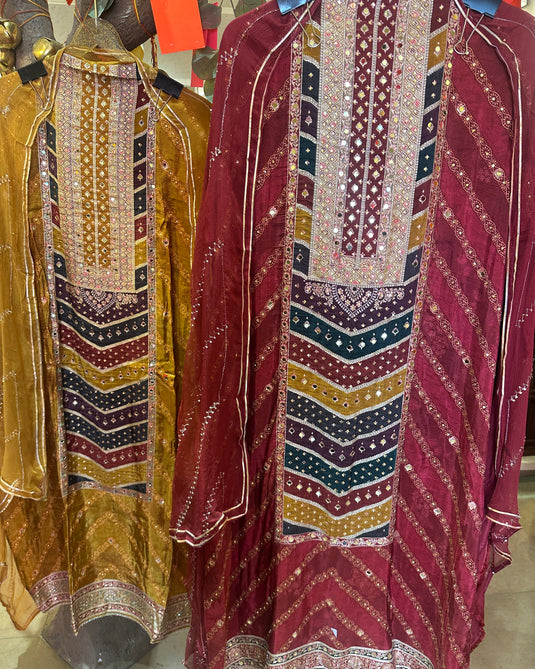 Mirror work zig zag dolla silk suit set