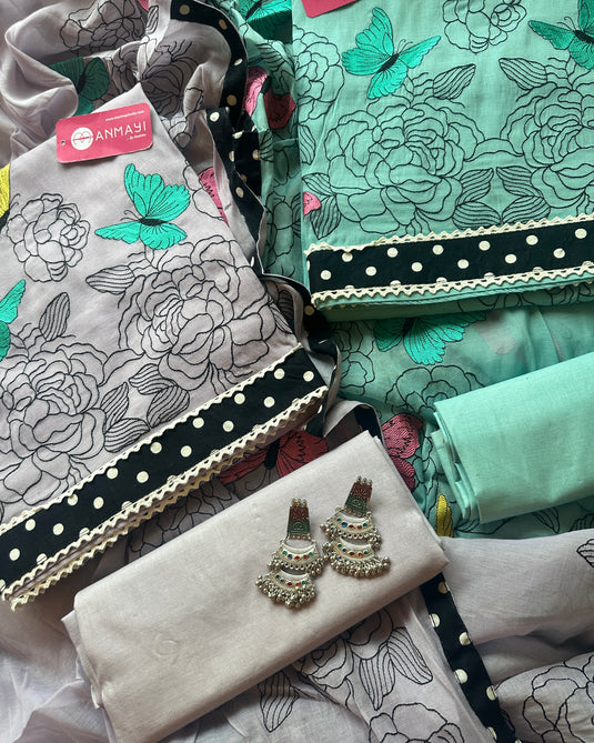 Mul cotton butterfly embroidered suit set