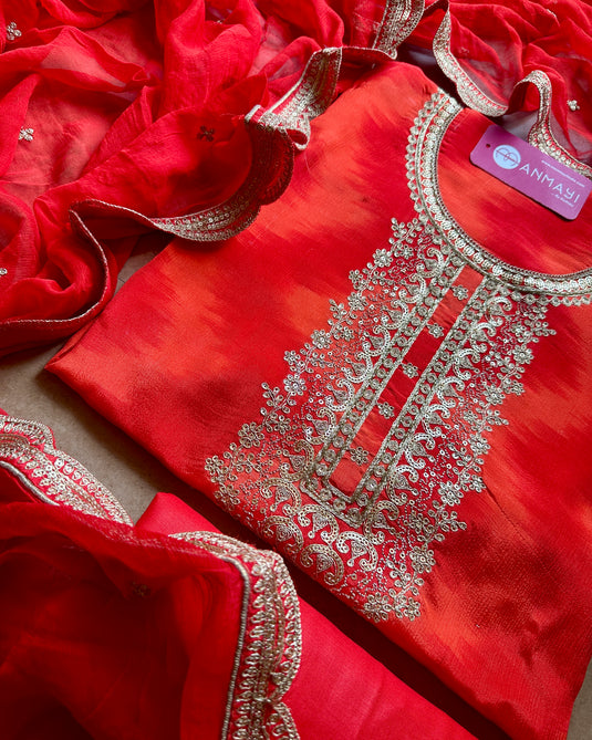 Chiffon Ikkat print festive coming suit set