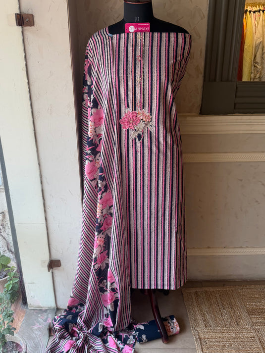 Navy blue floral cambric cotton suit set with printed bottom