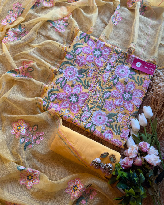 Printed flower Cambric cotton jaal with embroidered Kota dupatta