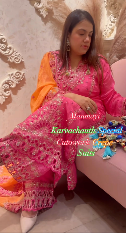 Pakistani cutwork pure crepe suit set