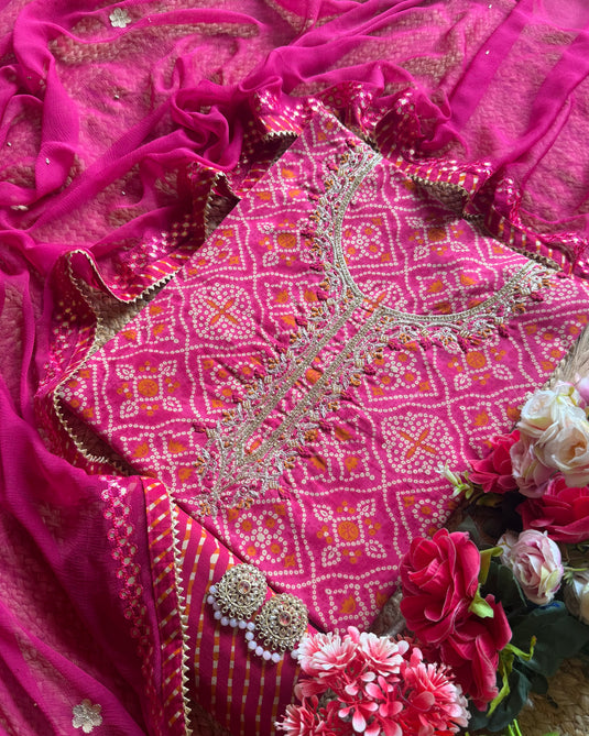 Bandhani gold highlight cotton suits with zari neck and chiffon dupatta