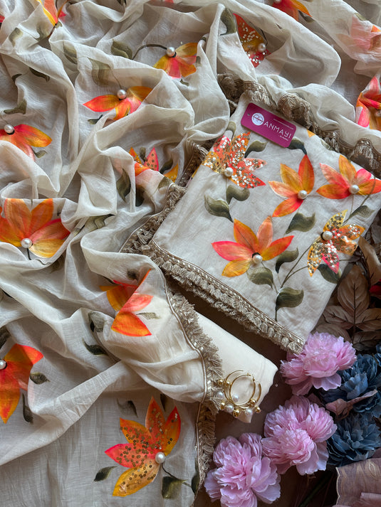 Handpaint ombré flowers with highlights Mul Chanderi suit set