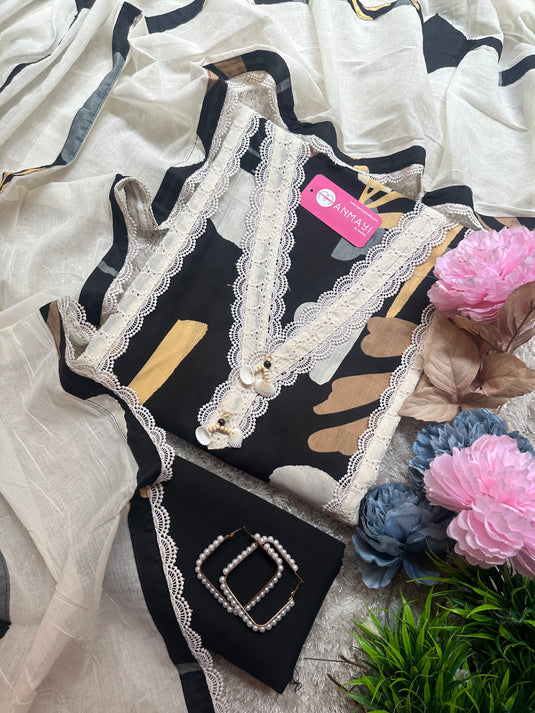 Abstract dark shades hakooba lace patterned pure cotton suit set