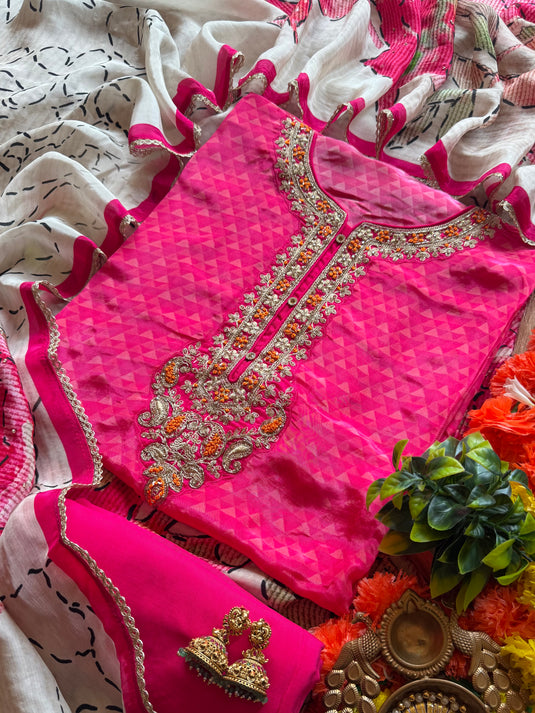 Abstract self fuchsia pink combination upada silk suit set
