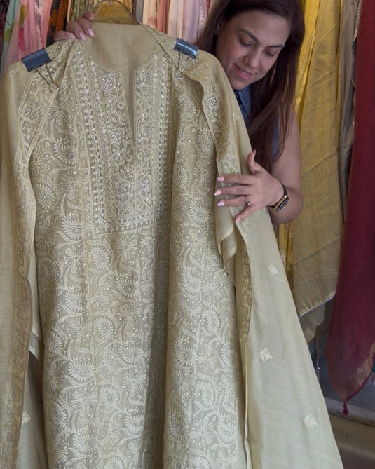Chikankari work pure Mul Chanderi suit set