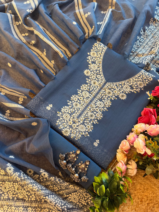 Jamdani work indigo cotton silk suit set