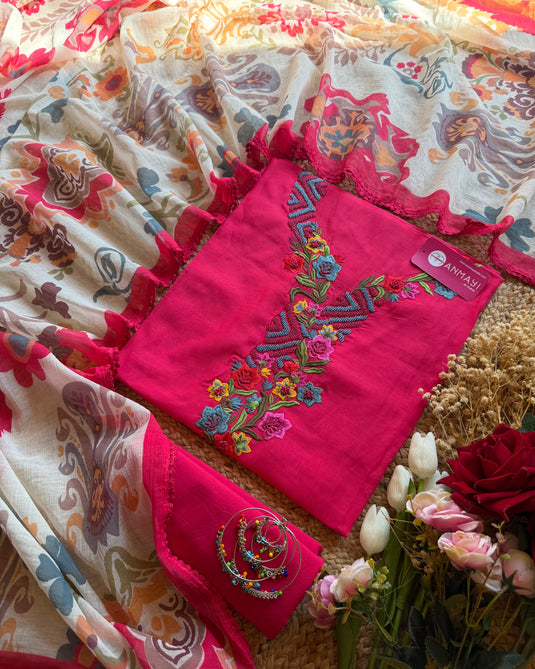 Modal muslin hand embroidered suit set with printed Georgette dupatta