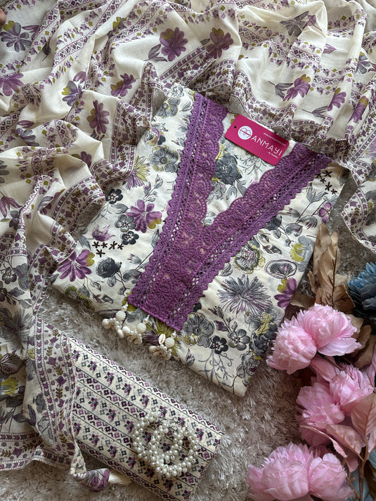 Crochet lace pure cotton cream base floral suit set with tassels