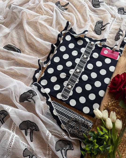 Polka dots pure cotton suit set with soft Kota patch dupatta