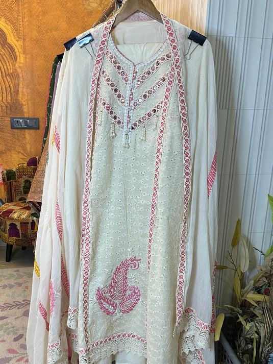 Hakooba cotton pearl and mirror detail cream cotton suit