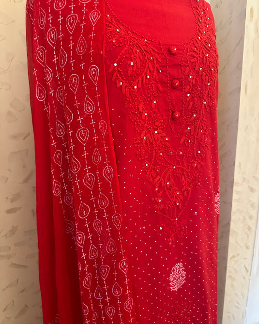 Pure cotton lucknawi neck suit set with pure chiffon dupatta