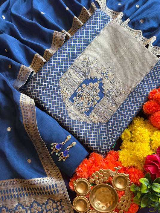 Kanjivaram temple cross work silk suit set