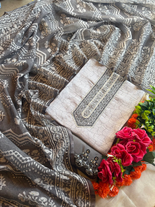 Ivory grey abstract kantha dupatta linen suit set