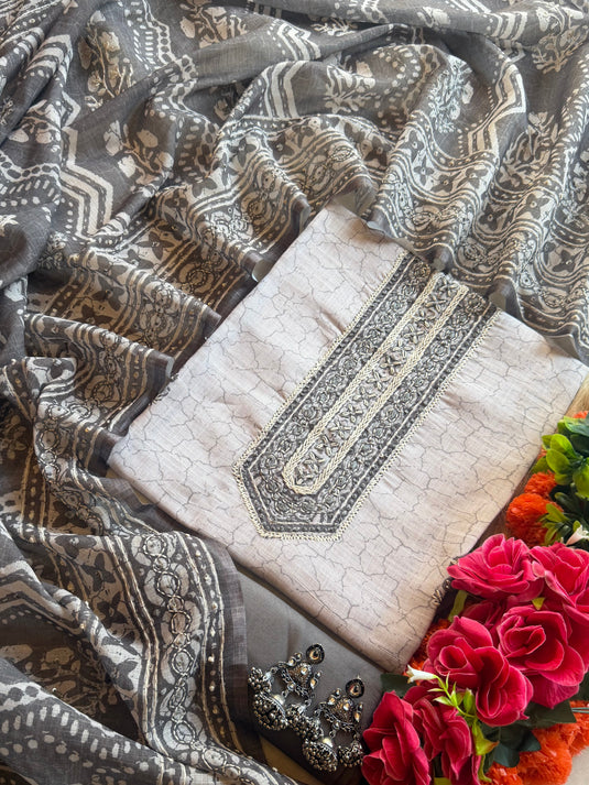 Ivory grey abstract kantha dupatta linen suit set